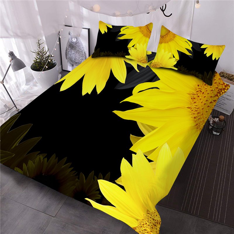 3-teiliges 3D-Bettdecken-Set/Bettwäsche-Set mit Sonnenblumen-Aufdruck, Schwarz 