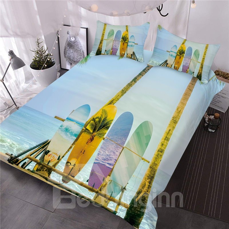 Surfen, Skateboard, Strandmuster, bedruckt, 3-teiliges 3D-Bettdecken-Set/Bettwäsche-Set, Mikrofaser, 1 Bettdecke, 2 Kissenbezüge, Queen-King-Size-Größen 