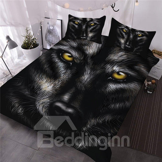 Wild Wolf Digitaldruck 3-teiliges 3D-Bettdecken-Set/Bettwäsche-Set in Schwarz, 1 Bettdecke, 2 Kissenbezüge, Twin-Queen-King-Size-Größen 