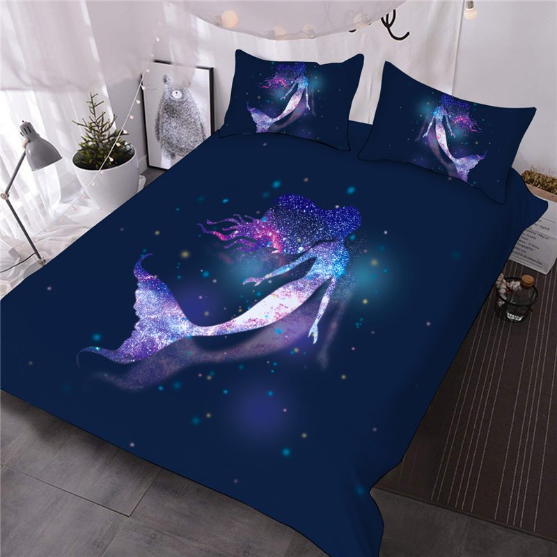 Juego de cama y edredón cálido de 3 piezas con estampado animal 3D de sirena galaxia púrpura 