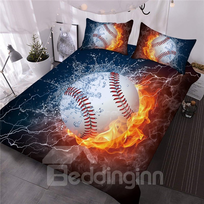 Juego de edredón/ropa de cama 3D de 3 piezas con estampado de béisbol con fuego y agua 
