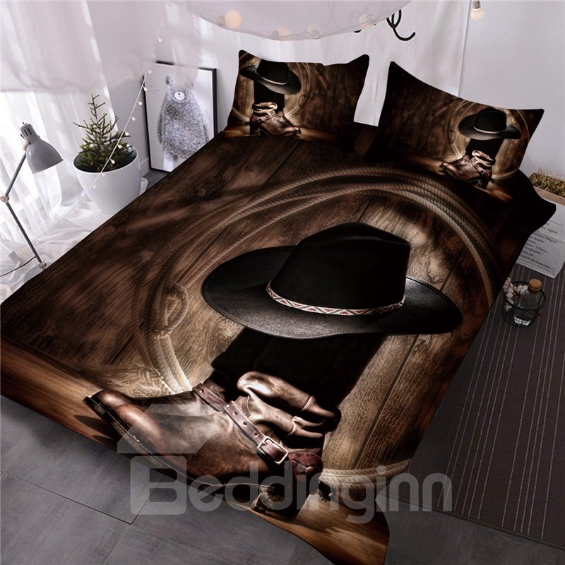 Wild West Themed Cowboy Hat and Boots 3D Printed 3-Piece Comforter Sets Lightweight Warm Soft Microfiber Bedding
