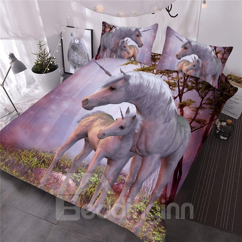 Conmovedor juego de edredón/juego de cama de 3 piezas con estampado 3D de unicornio rosa 