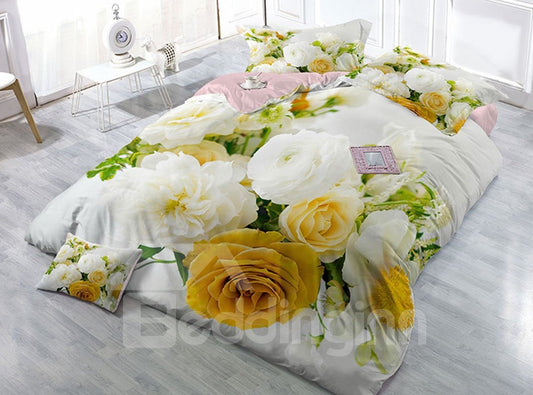 White Roses Wear-resistant Breathable High Quality 60s Cotton 4-Piece 3D Bedding Sets