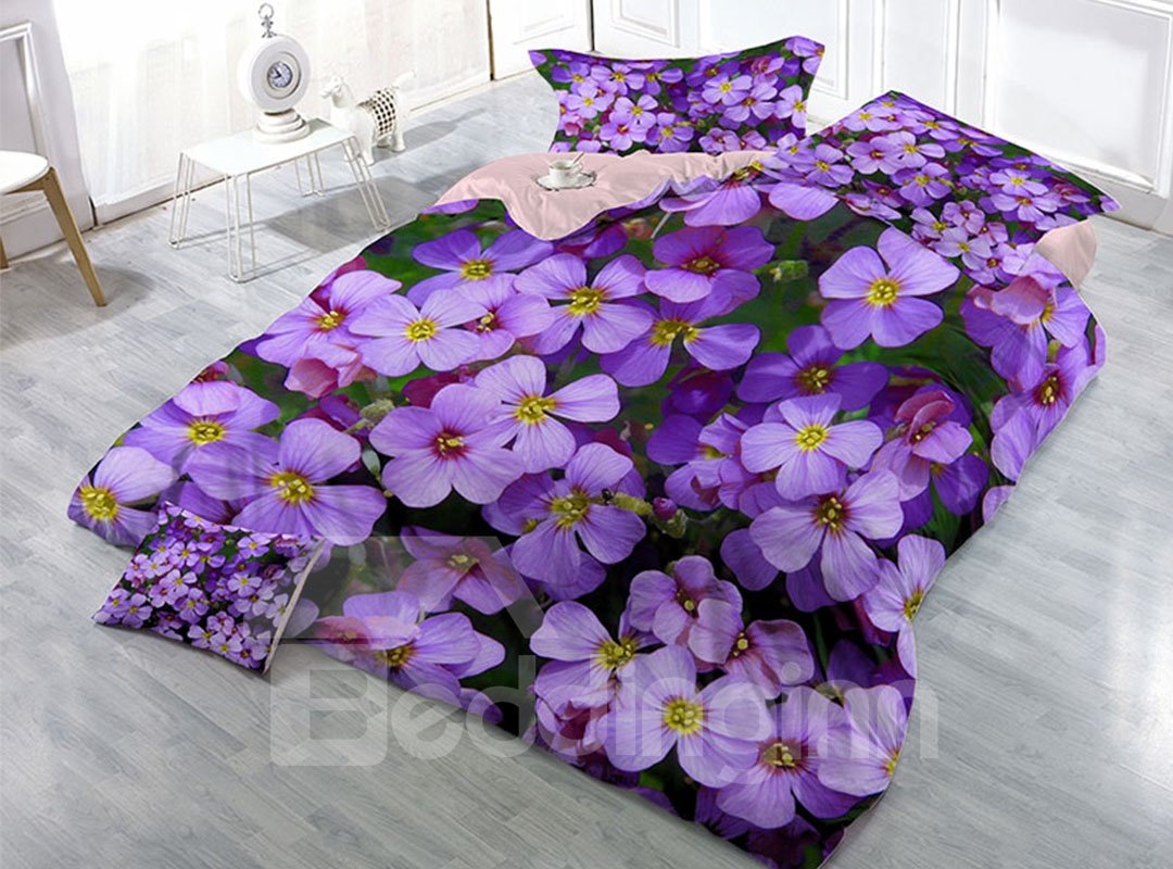 Purple Blooming Flowers Wear-resistant Breathable High Quality 60s Cotton 4-Piece 3D Bedding Sets