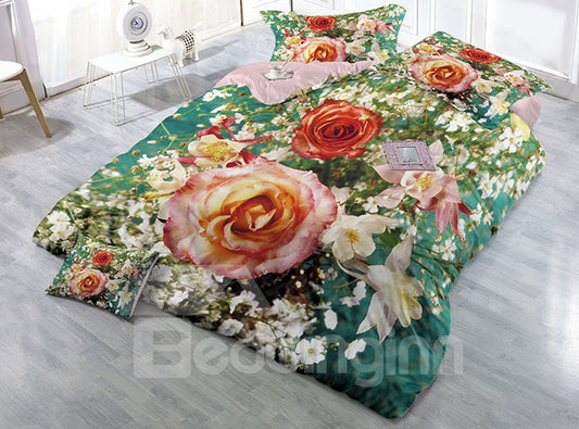 Blühende Rosen im Garten, verschleißfeste, atmungsaktive, hochwertige 60er-Jahre-Baumwolle, 4-teiliges 3D-Bettwäsche-Set 