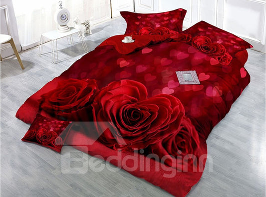 Herzförmige rote Rosen, verschleißfeste, atmungsaktive, hochwertige 60er-Jahre-Baumwolle, 4-teiliges 3D-Bettwäsche-Set 
