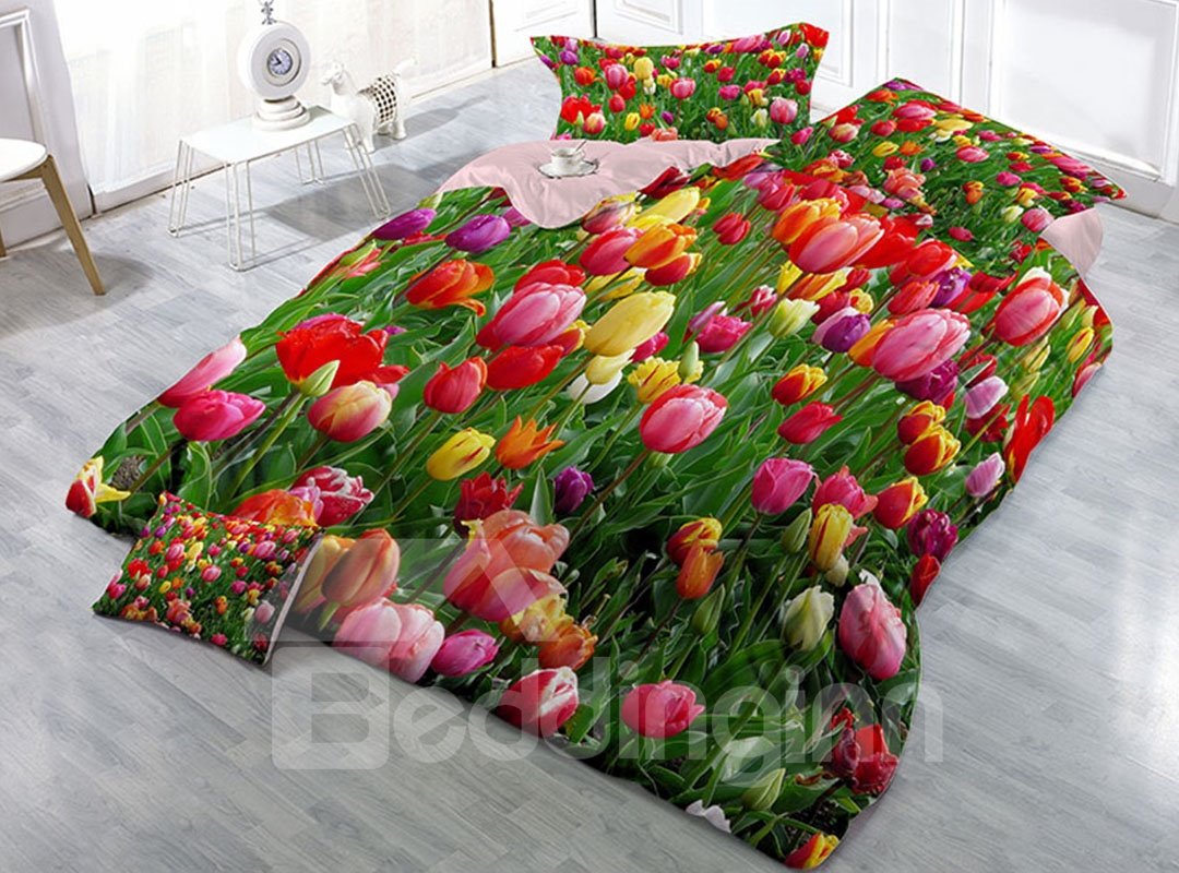 Tulipanes coloridos, juegos de cama 3D de 4 piezas de algodón de alta calidad, transpirables y resistentes al desgaste de los años 60