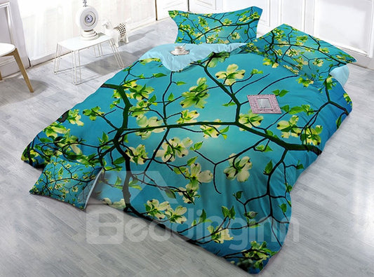 Green Pear Flower Soft Wear-resistant Breathable High Quality 60s Cotton 4-Piece 3D Bedding Sets