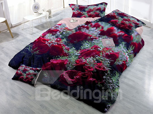 Rote Rose, verschleißfeste, atmungsaktive, hochwertige 60er-Jahre-Baumwolle, 4-teiliges 3D-Bettwäsche-Set 