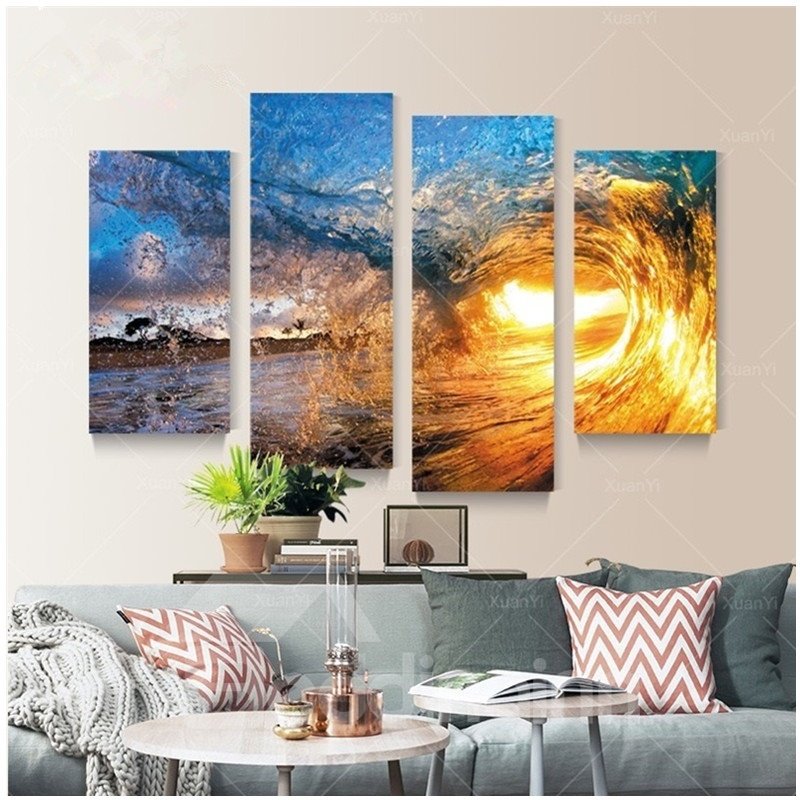 Yellow Sunrise and Sea Wave Hanging 4-Piece Canvas Waterproof and Eco-friendly Non-framed Prints