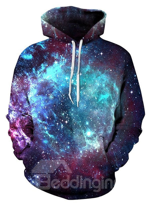 Beliebter langärmliger Kapuzenpullover mit leuchtendem Galaxy-Muster und Taschen in Grün mit 3D-Bemalung