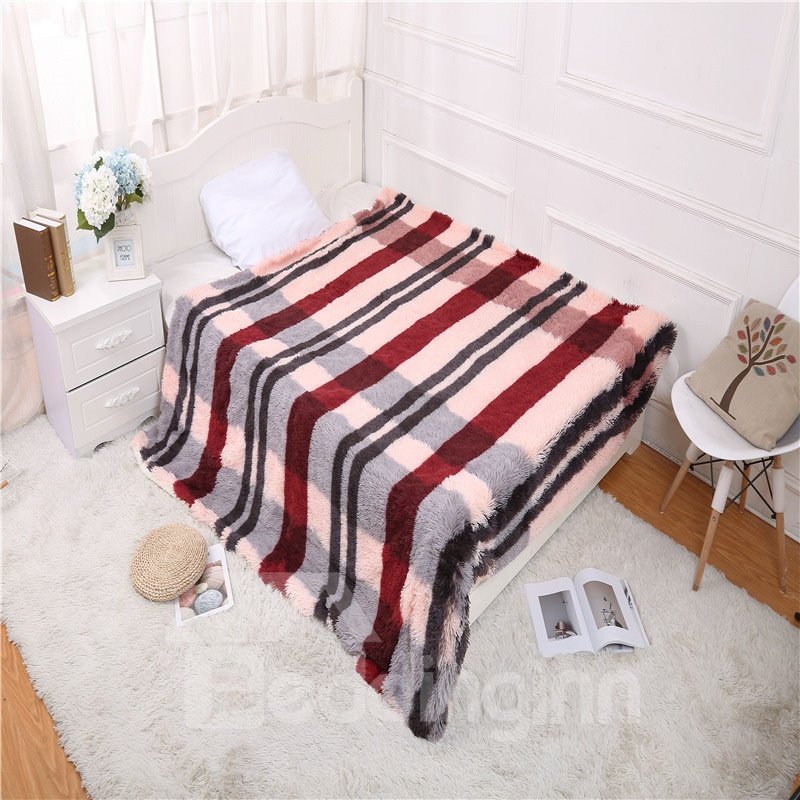 Simple Stripes Wine Red Double Thick Lamb Cashmere Winter Blanket