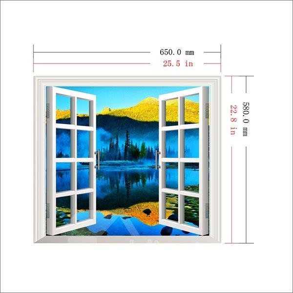 Etiqueta engomada desprendible de la pared 3D de la vista de la ventana del paisaje natural hermoso del lago 