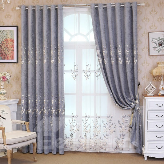 Floral Embroidered Grommet Semi Sheer Curtains for Living Room