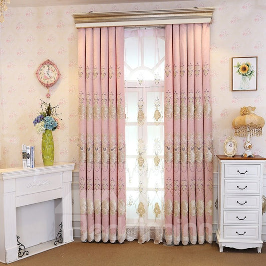 Pink Embroidery Floral Curtain Royal Drapes 2 Panels for Living Room