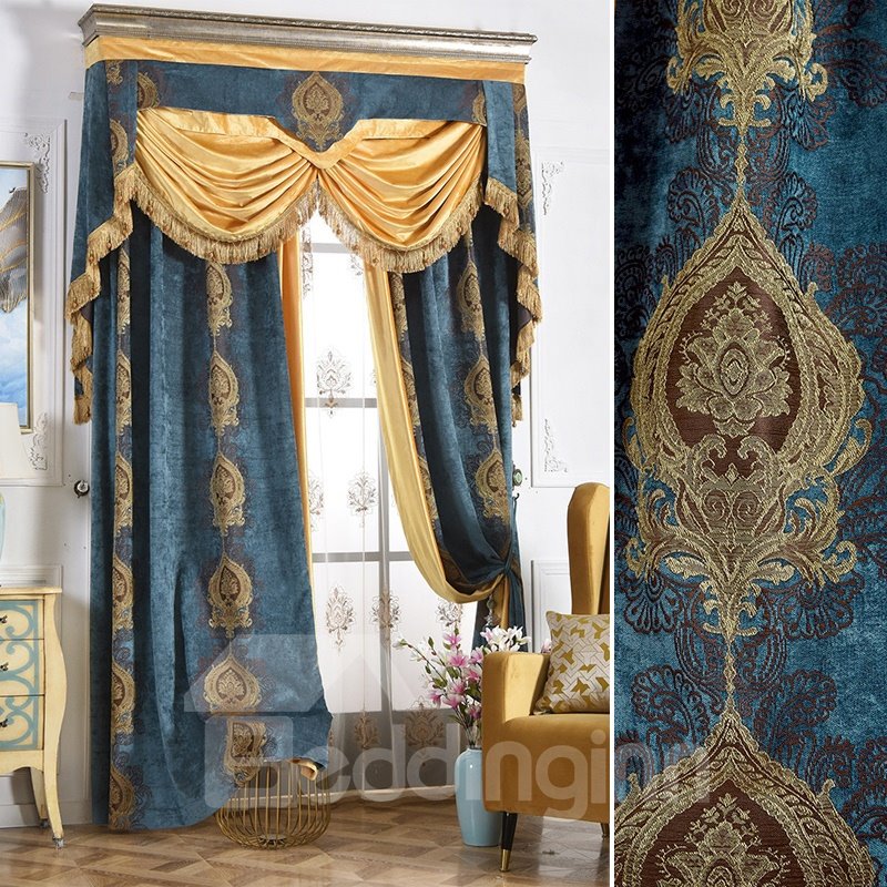 High Shading Degree Blue 2-Pieces Jacquard Grommet Top Curtain