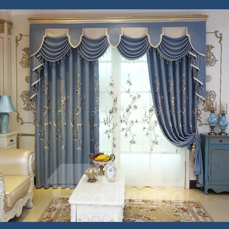 Cortina de sala de estar personalizada con bordado floral de estilo fresco y decoración 