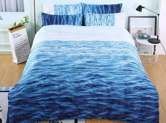 Juego de cama/funda nórdica con estampado de océano azul en 3D, poliéster suave que no se decolora