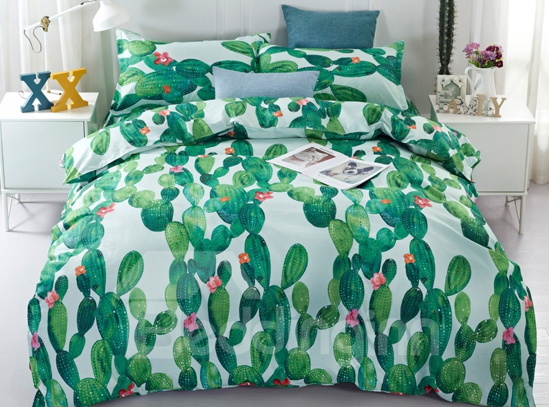 Farbbeständige, mit Vital Cactus bedruckte 3-teilige 3D-Bettwäsche-Sets/Bettbezüge