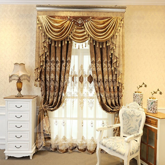 Cortinas transparentes con ojales en la parte superior de la ventana con bordado vintage para sala de estar