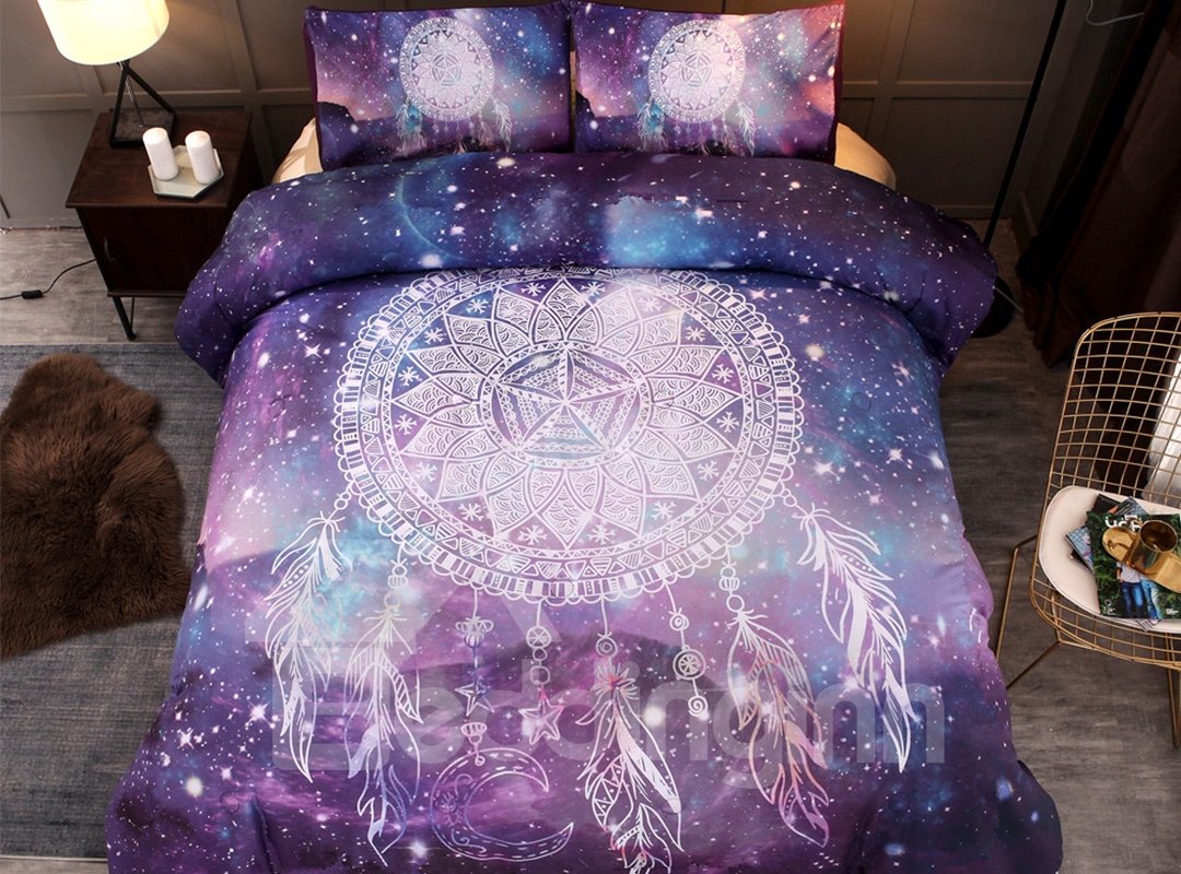 Farbbeständige, mit Sternen und Traumfängern bedruckte 3-teilige 3D-Polyester-Bettwäsche-Sets/Bettbezüge