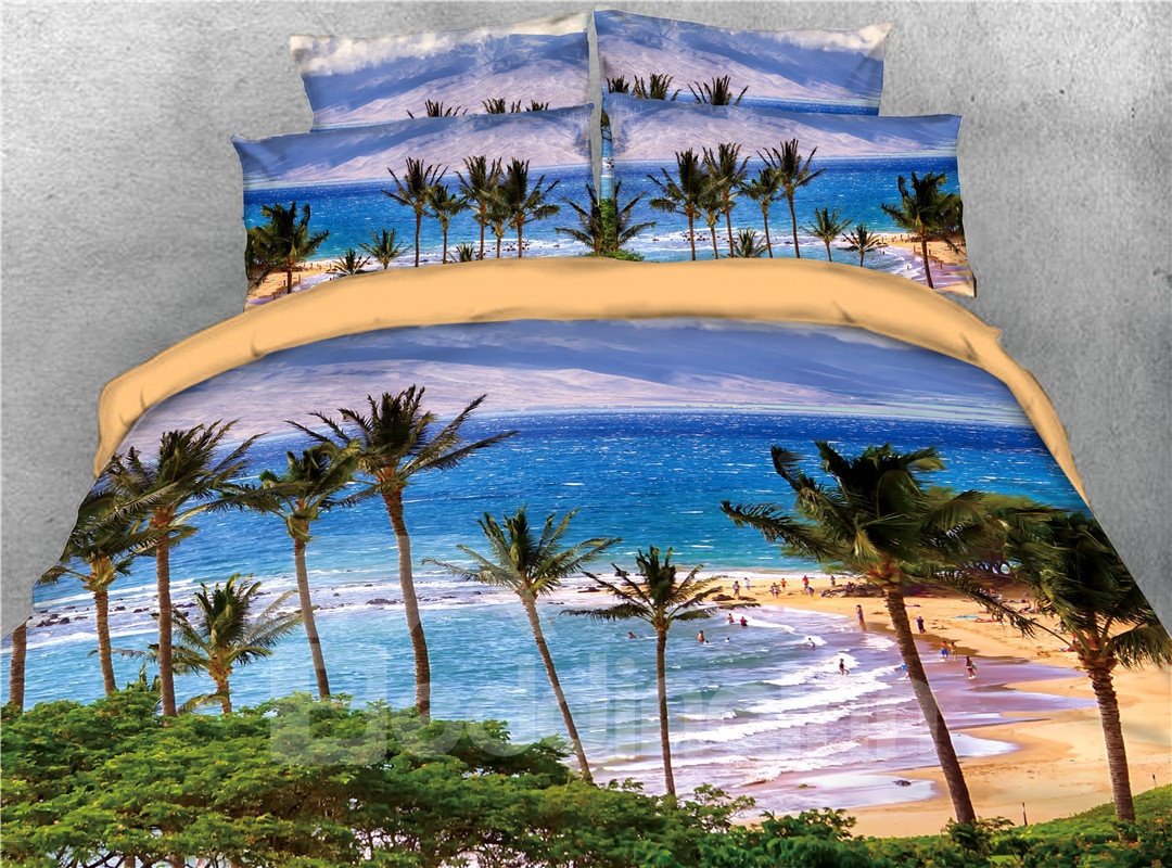 Tropical Beach Island Sea Wave mit Palme, bedrucktes 5-teiliges 3D-Bettdecken-Set/Bettwäsche-Set, 2 Kissenbezüge, 1 Bettlaken, 1 Bettbezug, 1 Bettdecke