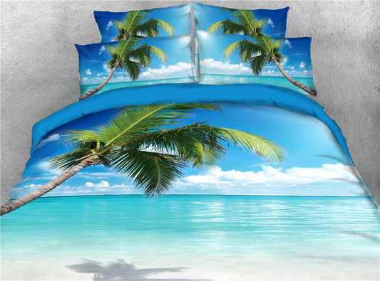 3D Sommer Strand Palme Meereslandschaft 5-teiliges Bettdecken-Set/Bettwäsche-Set, farbecht, leicht, hautfreundlich, weiches Polyester, Blau