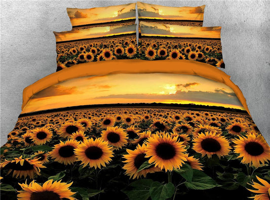 3D wunderschönes Sonnenblumen- und Sonnenuntergangs-5-teiliges Bettdecken-Set/Bettwäsche-Set mit weißer Steppdecke, weiches, hautfreundliches Polyester