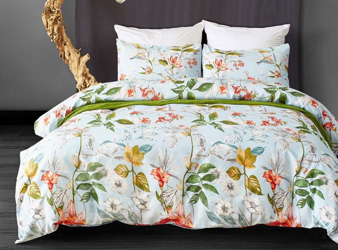 Strapazierfähige, mit frischen Blumen bedruckte 3-teilige Bettwäsche-Sets/Bettbezug aus Polyester