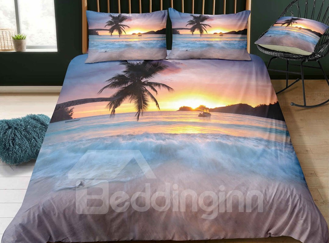 Playa pura resistente a la decoloración con puesta de sol y cocoteros, juegos de cama/fundas nórdicas impresas en 3D de 3 piezas