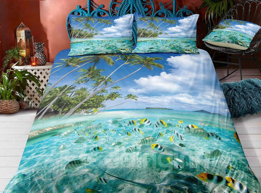 Knitterfreie 3-teilige 3D-Bettwäsche-Sets/Bettbezüge mit Sandy Beach And Fishes-Aufdruck