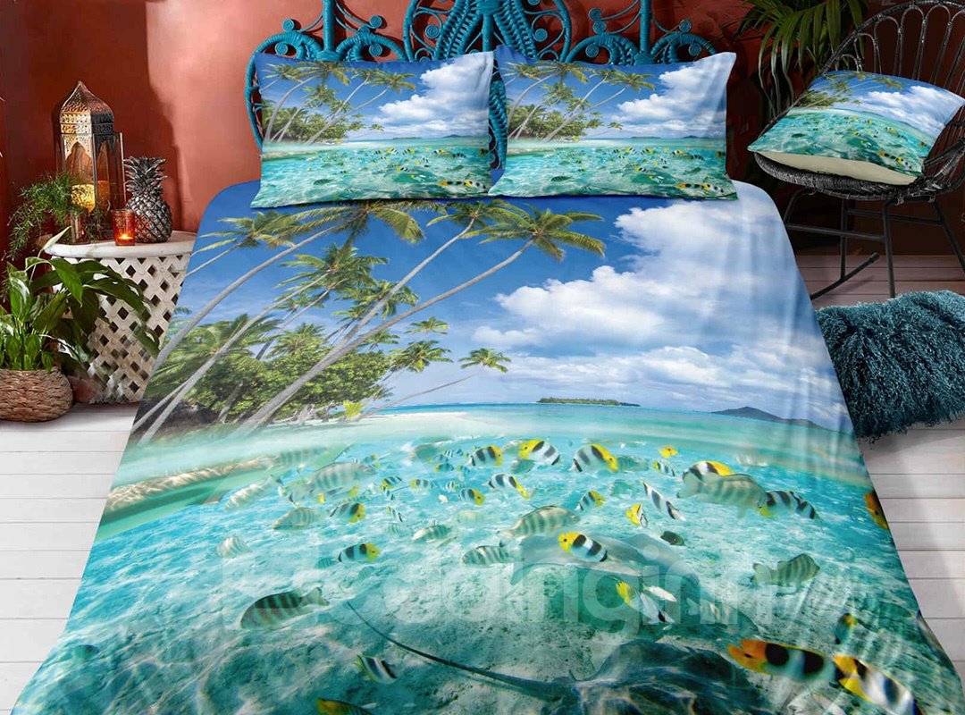 Juegos de cama/fundas nórdicas en 3D de 3 piezas con estampado de peces y playa de arena resistentes a las arrugas