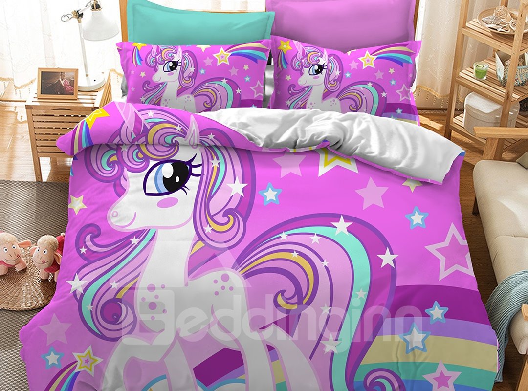 Juego de cama de Phyester de 3 piezas con estampado de unicornio lindo de estilo elegante con ojos brillantes