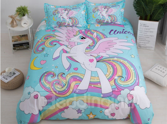 Juegos de cama de Phyester de 3 piezas con estampado de arco iris y unicornio naturalmente suaves