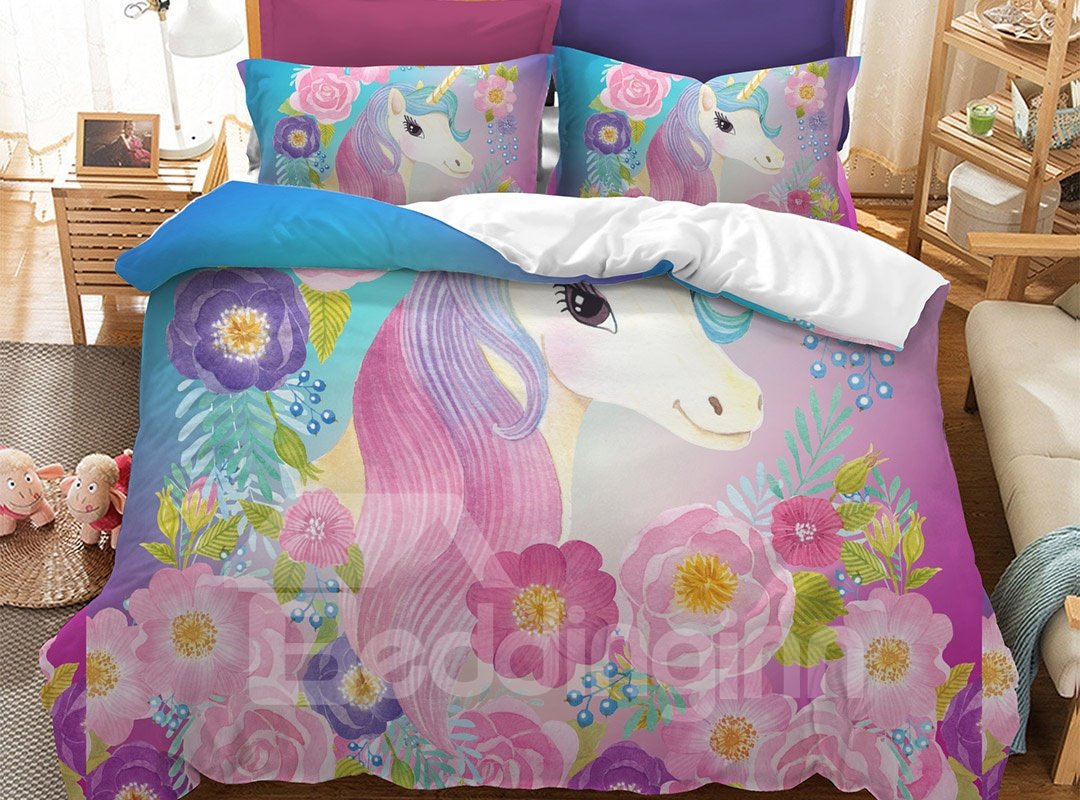 Soft And Comfortable Cute Unicorn And Colorful Flowers Printed 3-Piece Phyester Bedding Sets