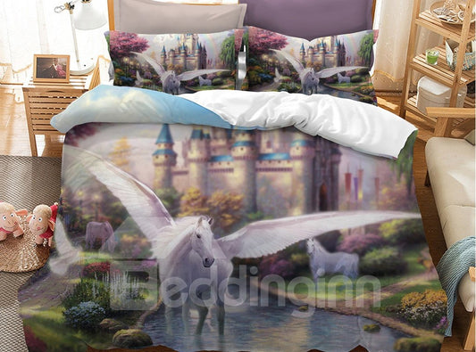 Crease-resistant Spirit White Horse With Wings Printed 3-Piece 3D Phyester Bedding Sets