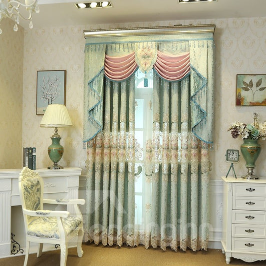 Light Green Elegant Embroidery Romantic Style Grommet Top Curtain