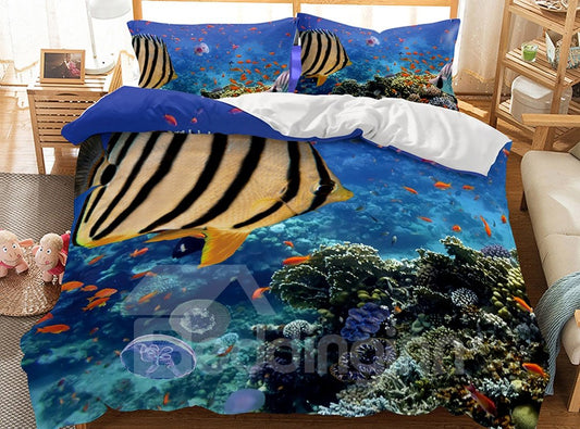 Atmungsaktive und gestreifte 3-teilige 3D-Polyester-Bettwäsche-Sets/Bettbezüge mit Fisch- und Ozeanwelt-Motiv