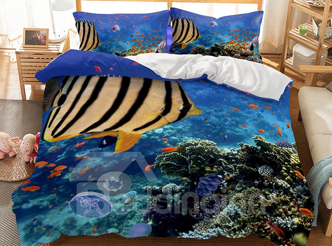 Breathable And Striped Fish Ocean World Printed 3-Piece 3D Polyester Bedding Sets/Duvet Covers