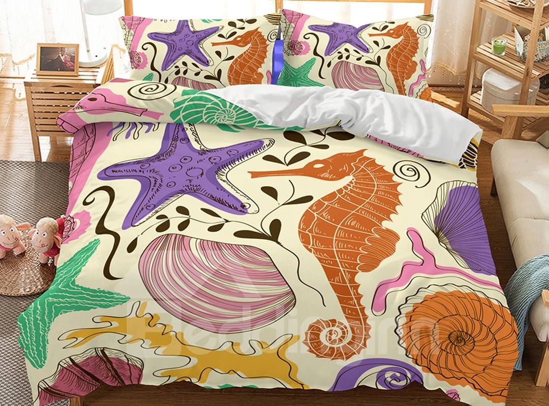 Soft Freehand Sketching Sea Otter Printed 3-Piece 3D Bedding Sets/Duvet Covers