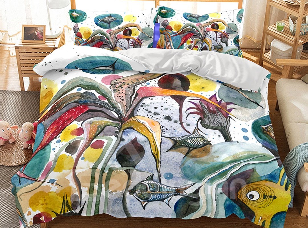 Freehand Sketching Aquatic Plant Printed 3-Piece 3D Bedding Sets/Duvet Covers
