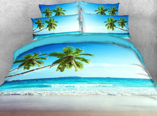 4-teiliges Bettwäscheset mit Palme und Meer, 3D-Landschaft, Bettbezug mit rutschfesten Bändern, Blau 