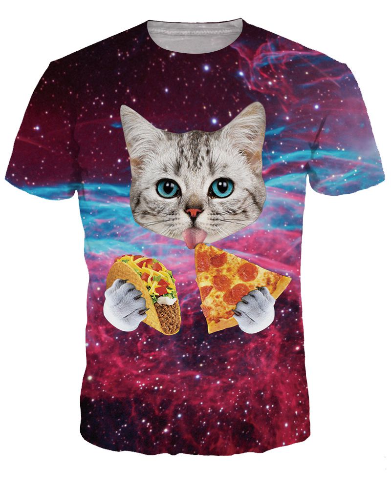 Preciosa camiseta pintada en 3D con cuello redondo y patrón de gato comiendo pizza