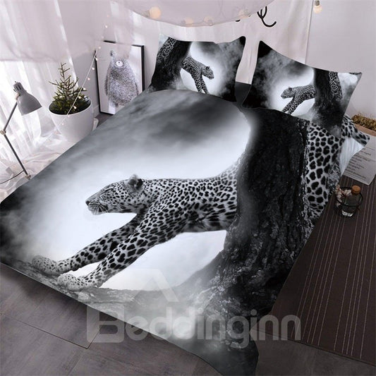 3-teiliges Bettdeckenset mit 3D-Leopard im Nebel, bedruckt, schwarz-weißes Bettwäscheset 