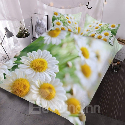 3D White Daisy Printed 3-Piece Floral Comforter Set Green Bedding King Size
