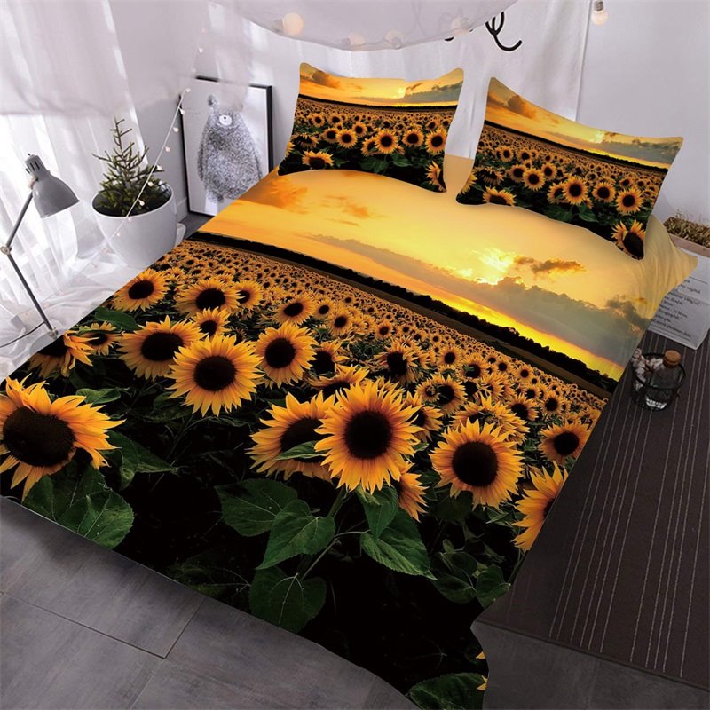 3D Sunflowers In The Fields At Sunset Printed 3-Piece Comforter Set Durable Colorfast Wear-resistant Skin-friendly Floral Bedding Sets