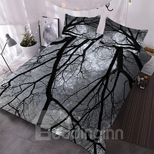3-teiliges Bettdeckenset/Bettwäscheset mit dunklem Stil und schwarzen Zweigen, bedruckt, 2 Kissenbezüge, 1 Bettdecke aus Mikrofaser 
