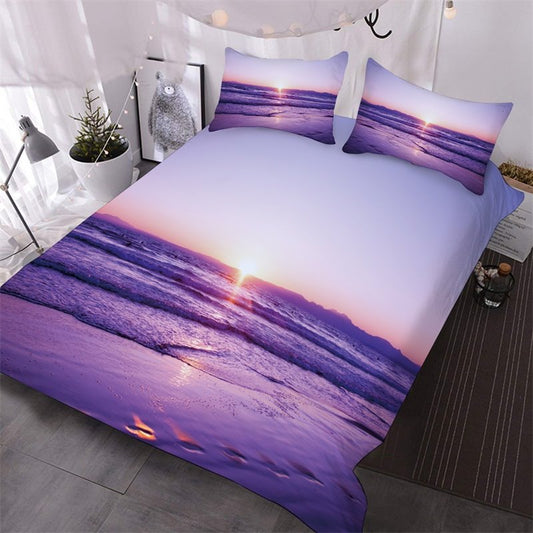 Juego de edredón de 3 piezas con estampado de mar y playa púrpura, juego de cama con paisaje, 1 edredón y 2 fundas de almohada, tamaños Queen King 