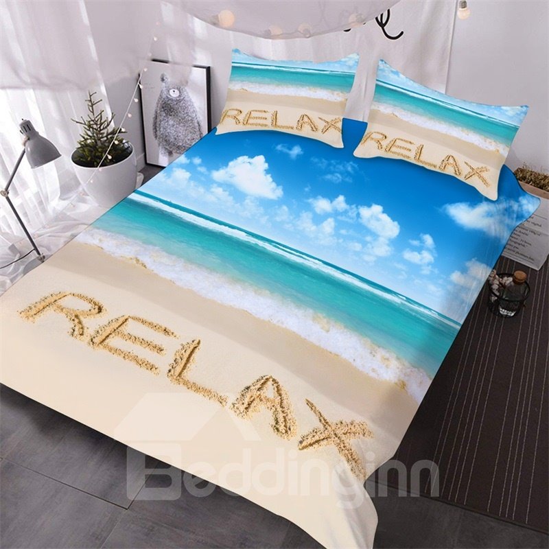 Juego de edredón de 3 piezas con estampado Relax Beach, juego de cama con paisaje marino, microfibra azul 